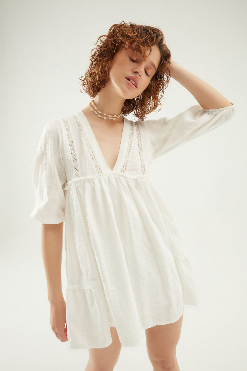 Stripe Detailed Mini Dress With Shorts White