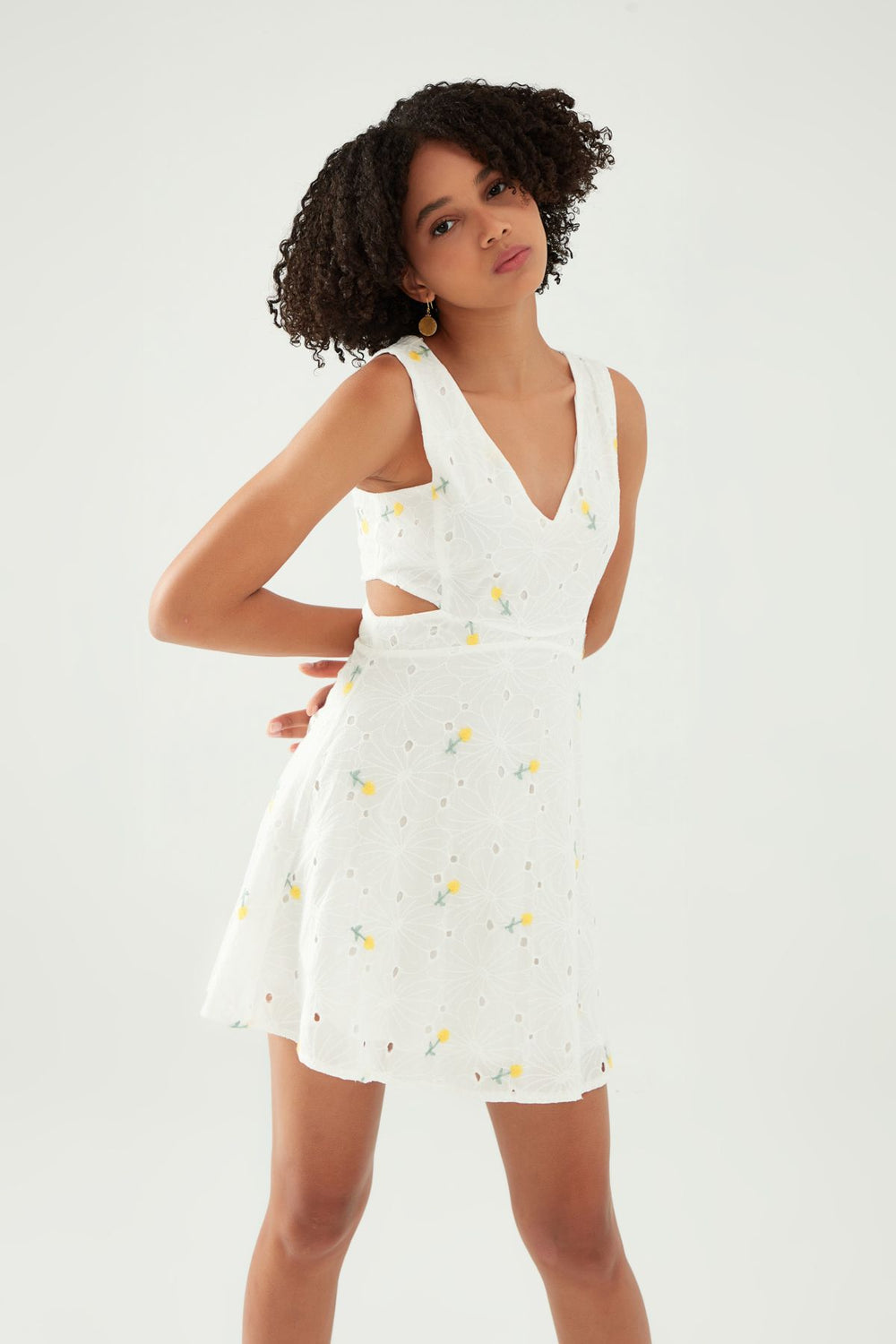 Floral Decollete Detailed Mini Dress White