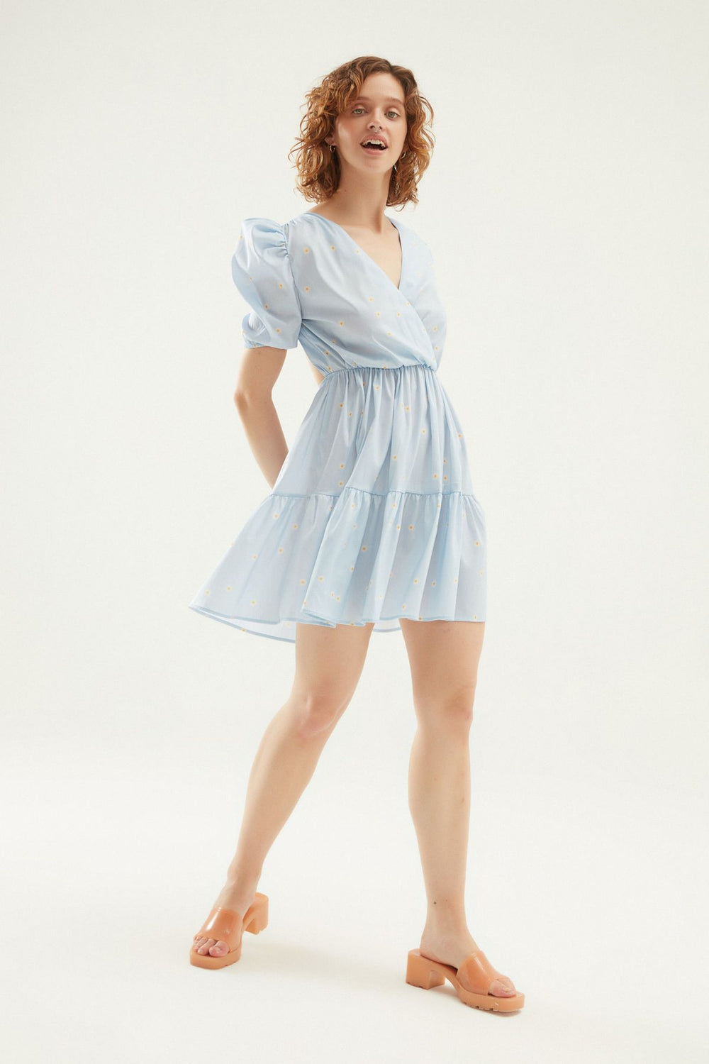 Floral Low Back Double Breasted Dress Baby Blue