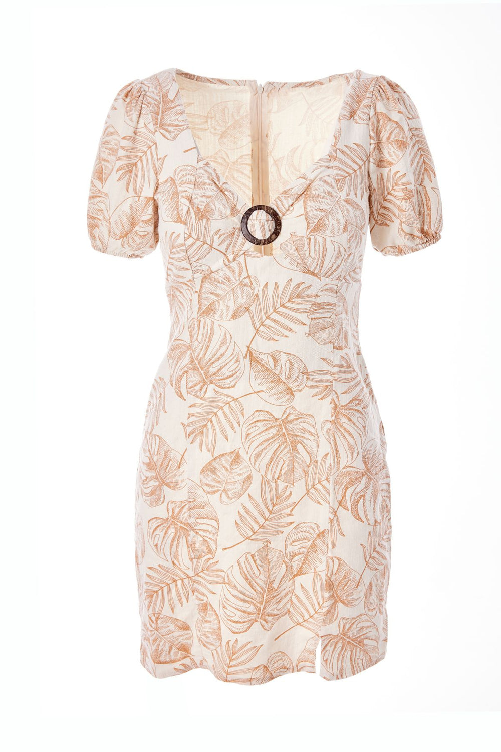 Patterned Buckle Detailed Mini Dress Beige