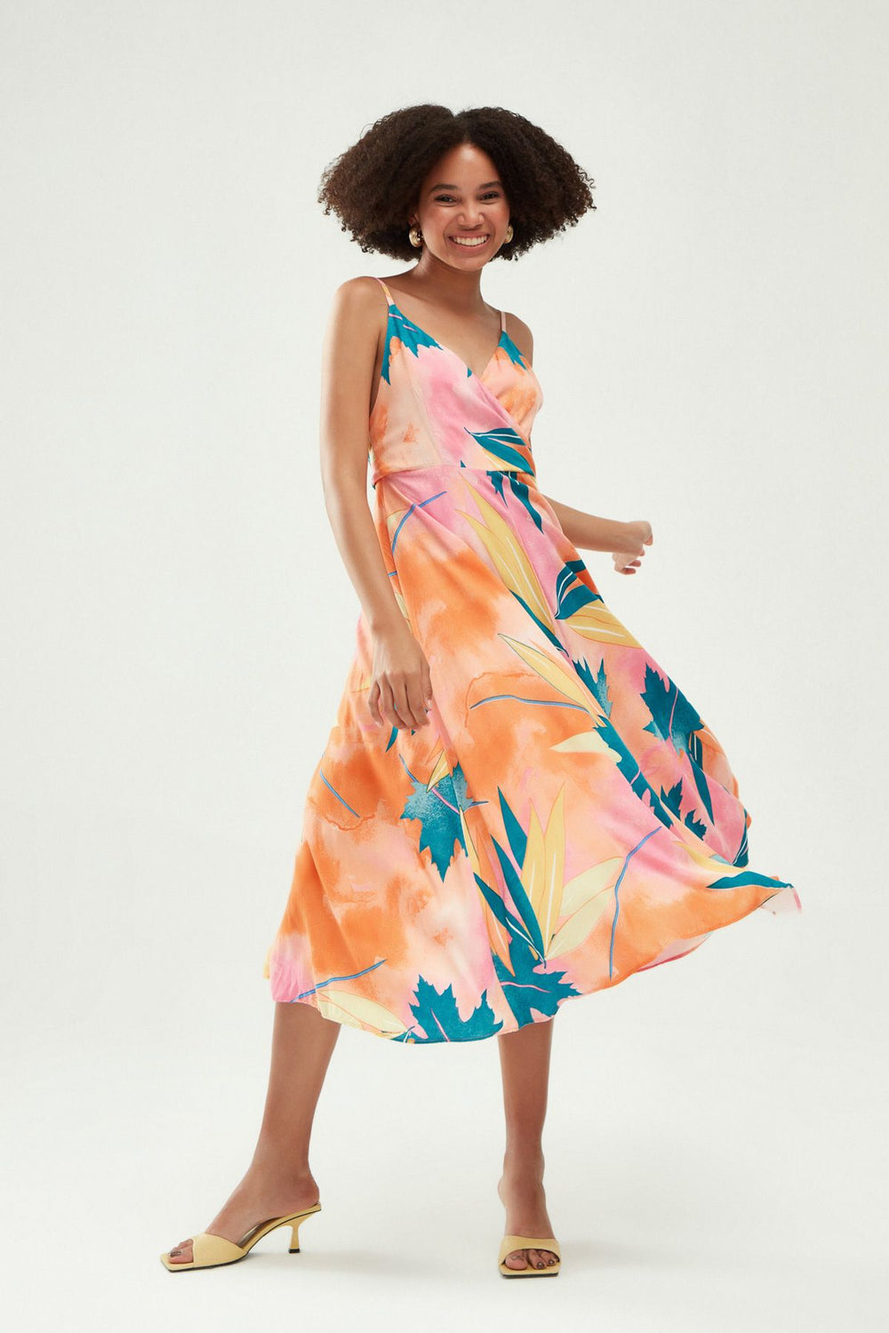 Patterned Double Breasted Strap Dress Orange