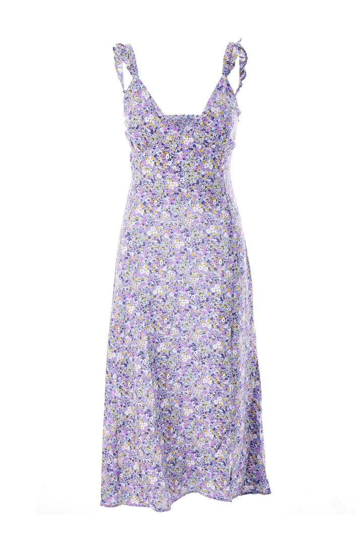 Sırt Dekolteli Askılı Yırtmaçlı Elbise Lila