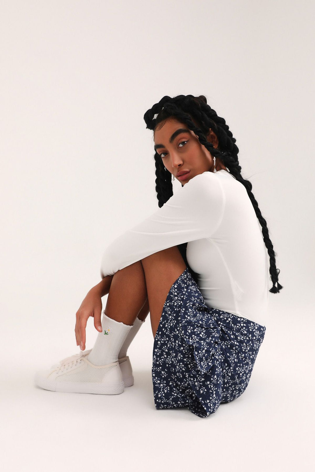 Floral Patterned Ruffle Mini Skirt Indigo