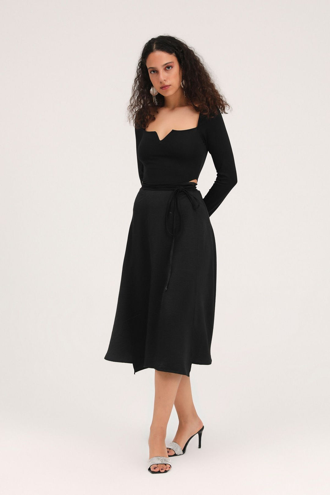 Wrapped Satin Midi Skirt Black