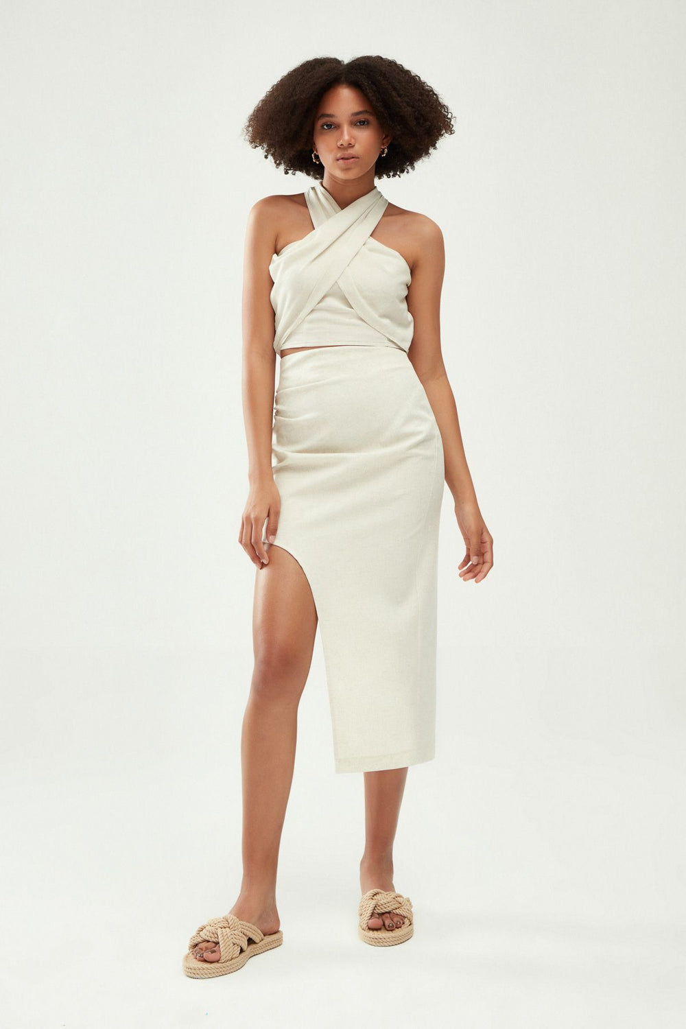 Ruffle Detailed Linen Skirt Natural