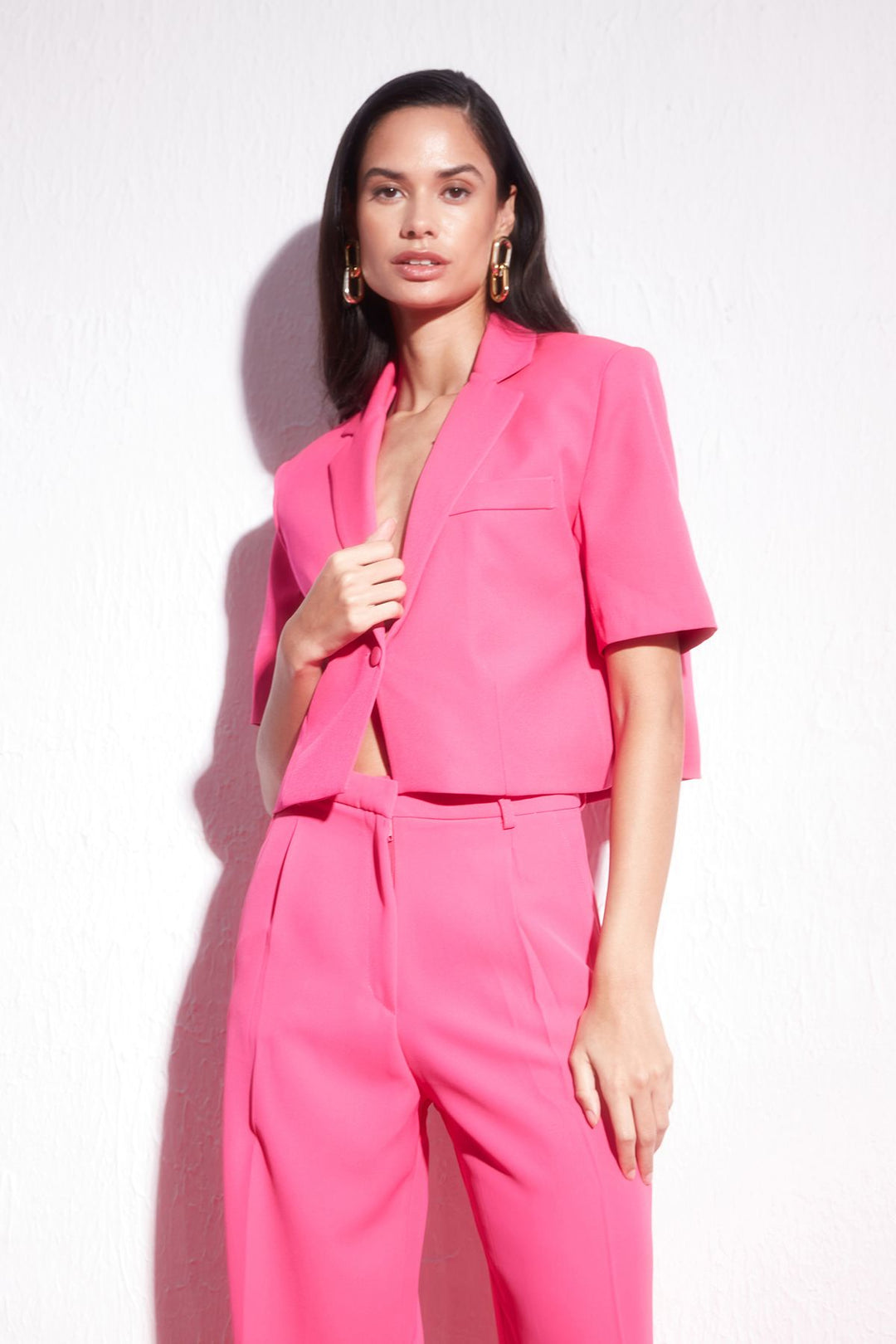 Short Sleeve Crop Blazer Jacket Fuchsia