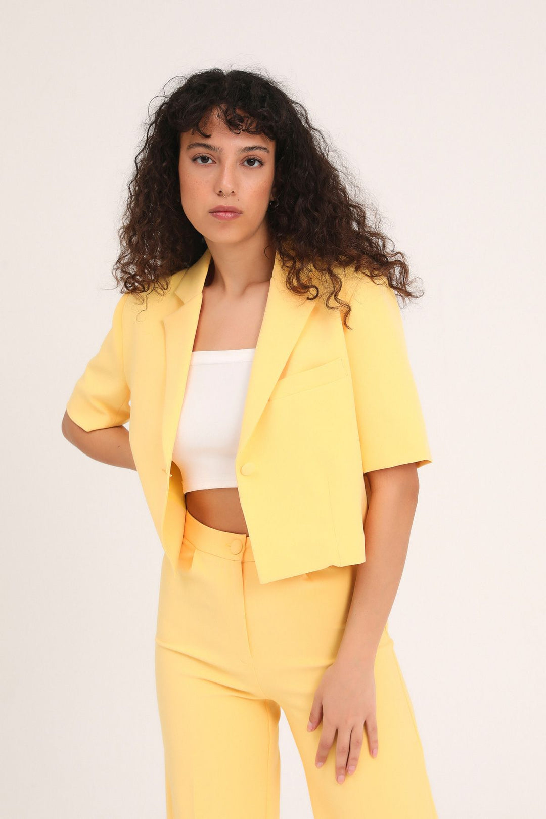 Short Sleeve Crop Blazer Jacket Yellow