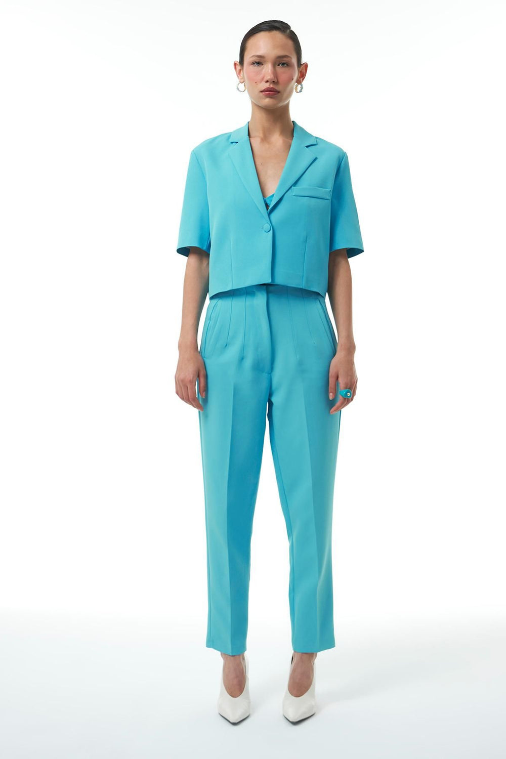 Short Sleeve Crop Blazer Jacket Turquoise