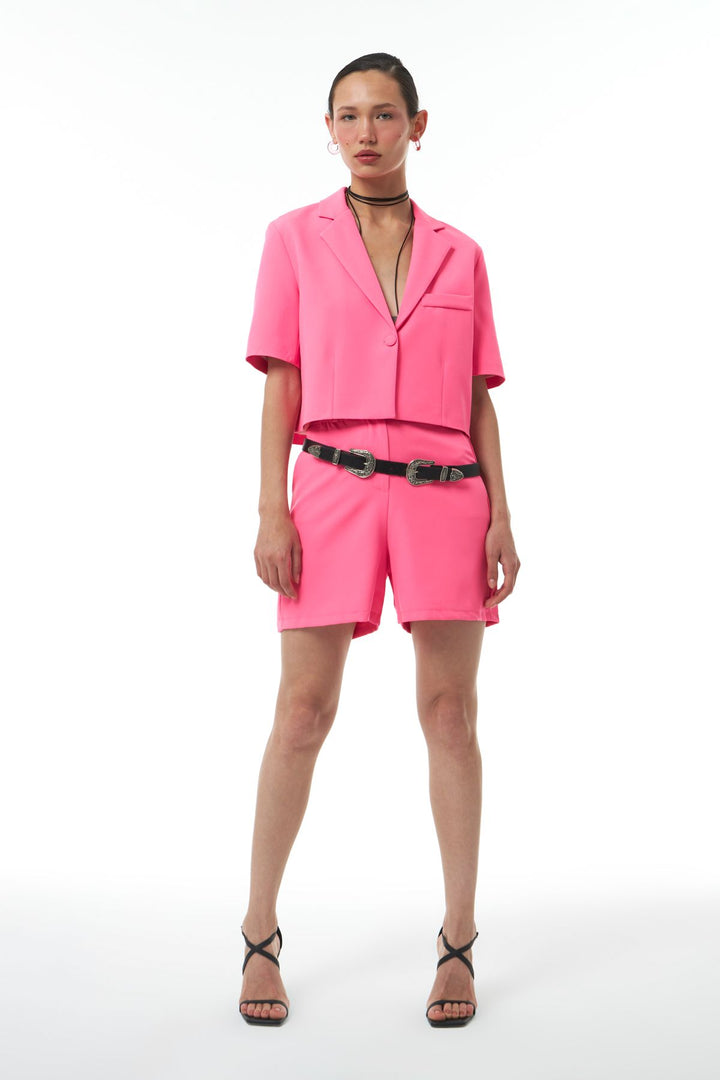 Short Sleeve Crop Blazer Jacket Neon Pink