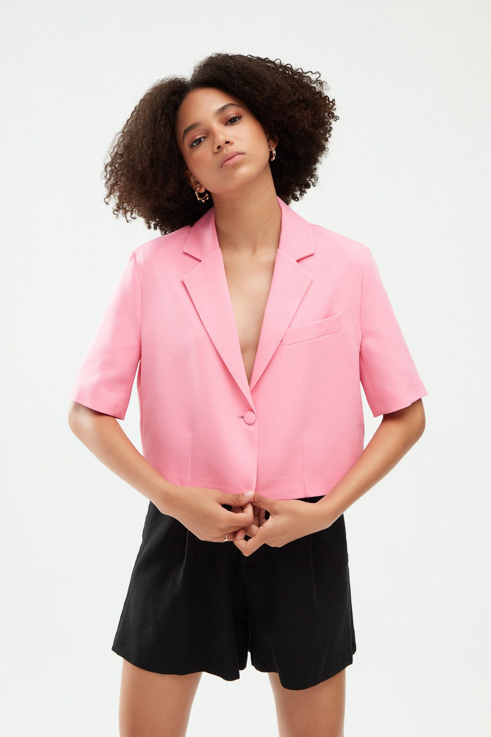 Short Sleeve Crop Blazer Jacket Candy Pink