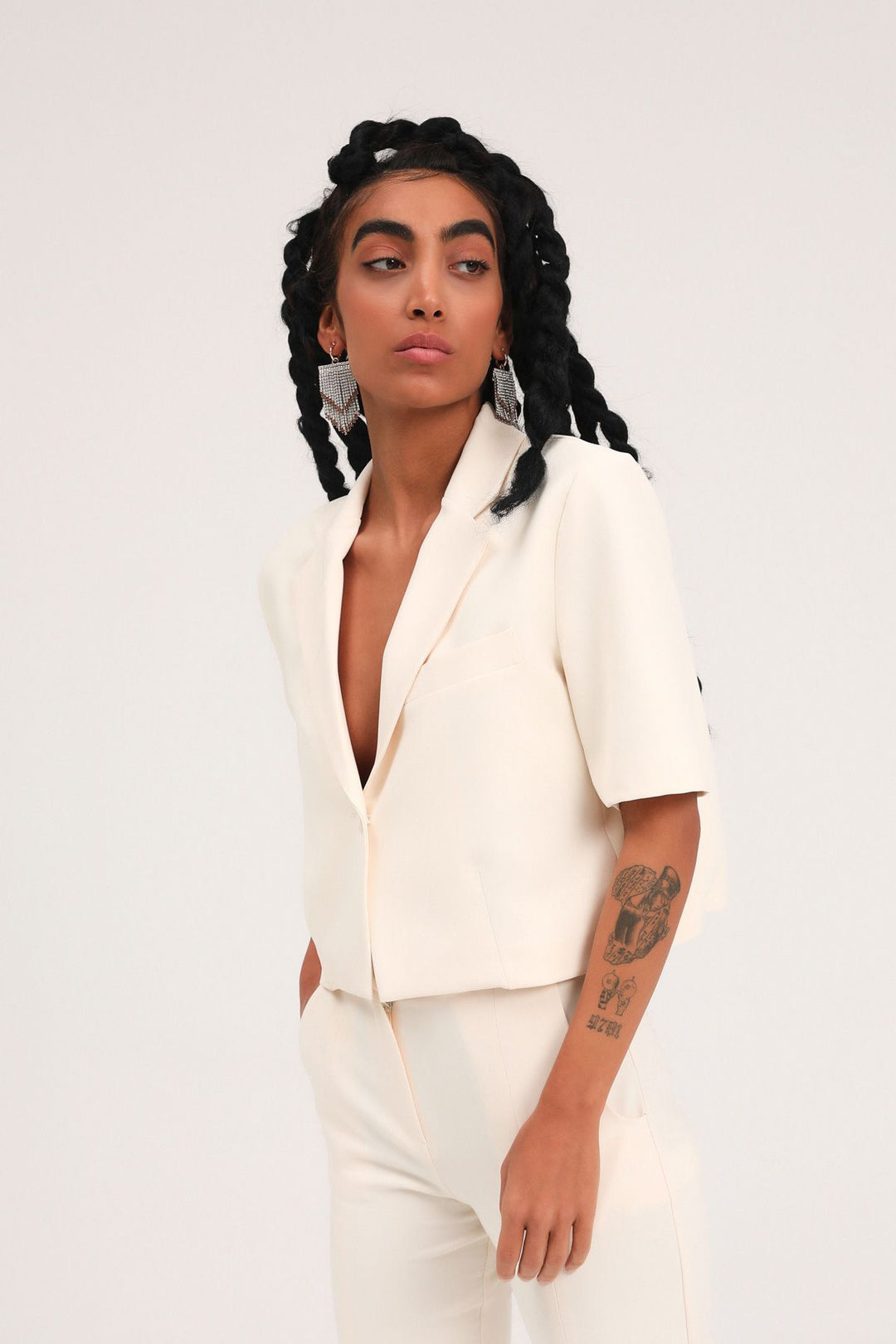 Kısa Kol Crop Blazer Ceket Kemik