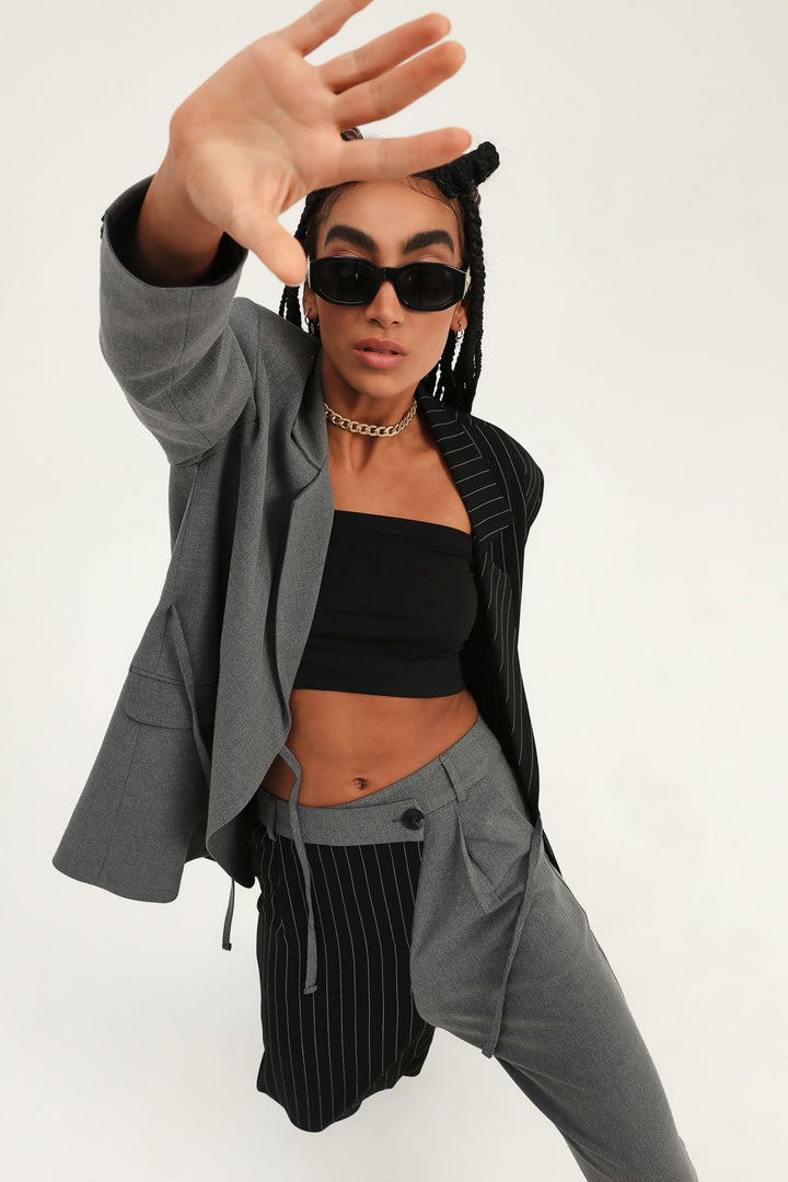 İki Renkli Kruvaze Ceket Gri