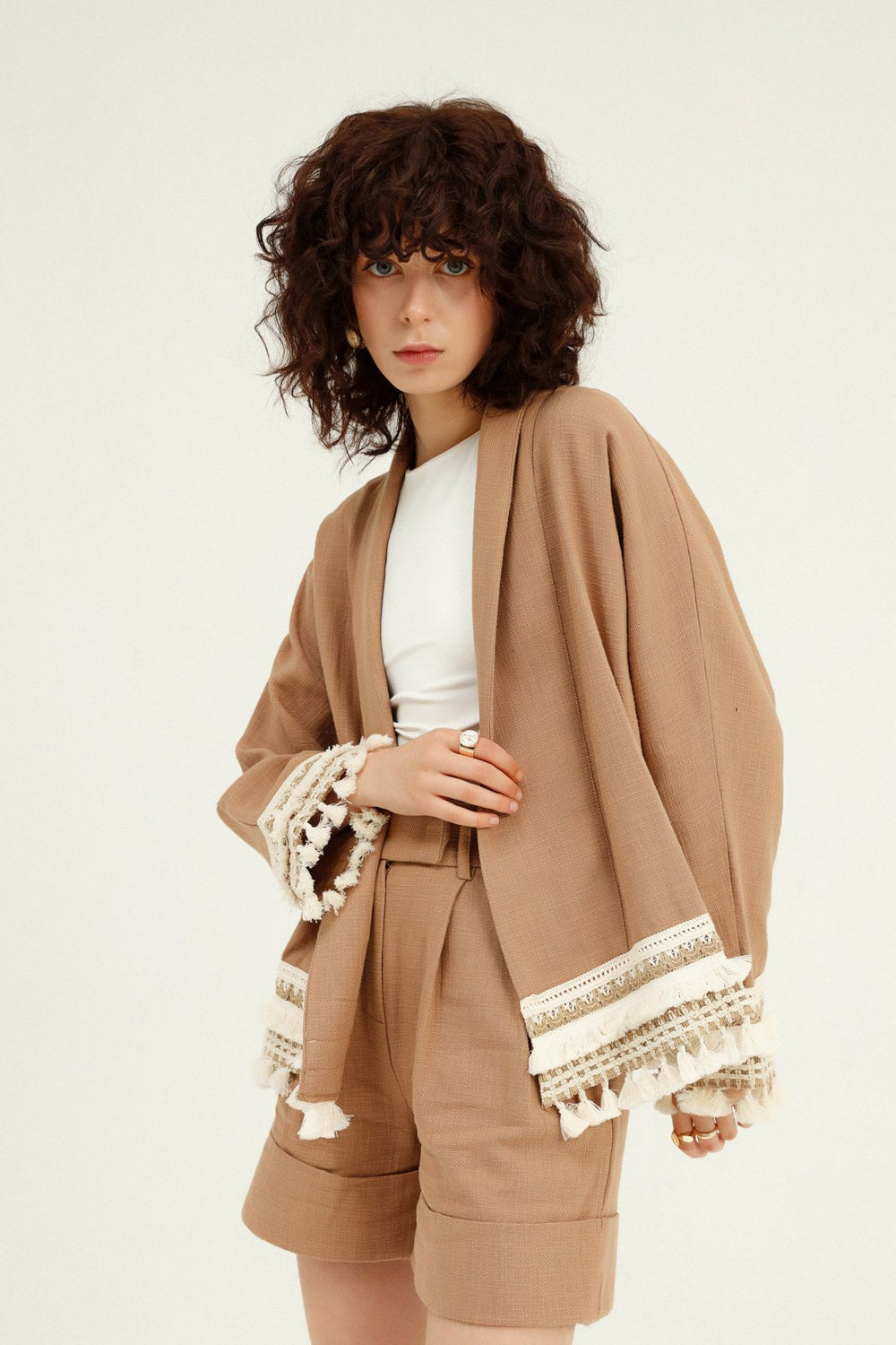 Tasseled Shawl Collar Jacket Camel