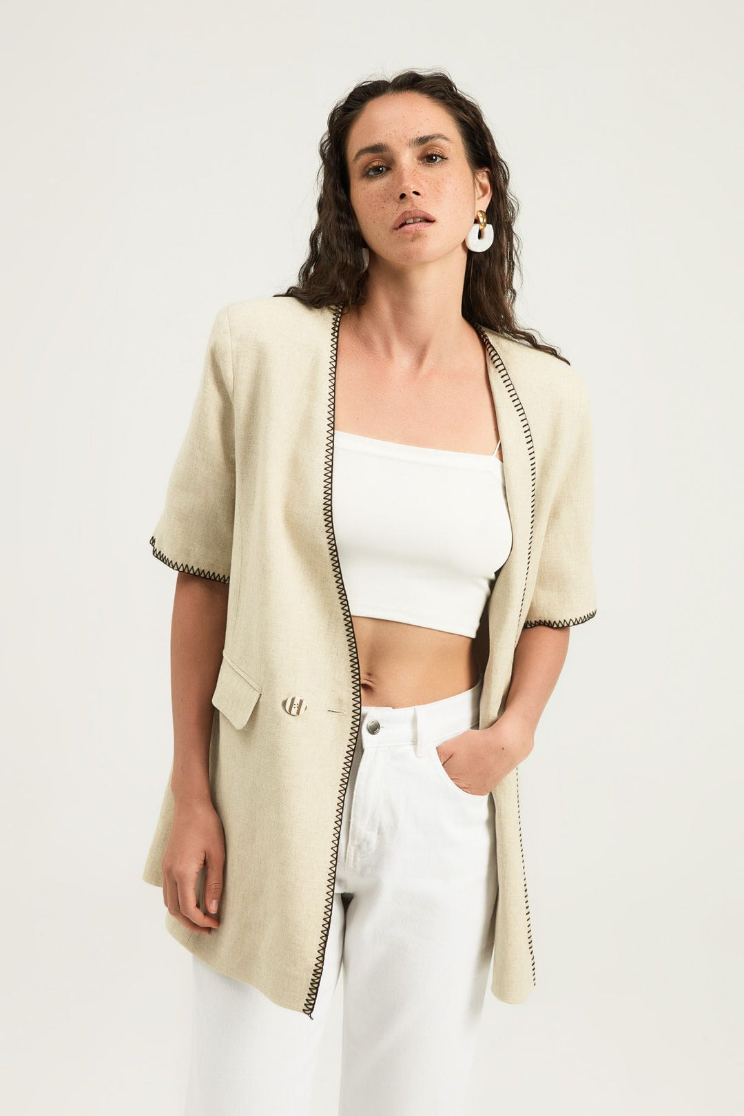 Double Breasted Linen Jacket Beige