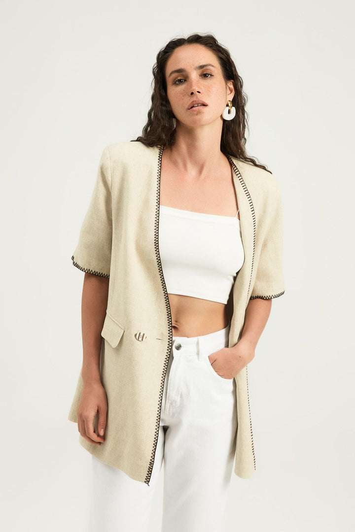 Double Breasted Linen Jacket Beige