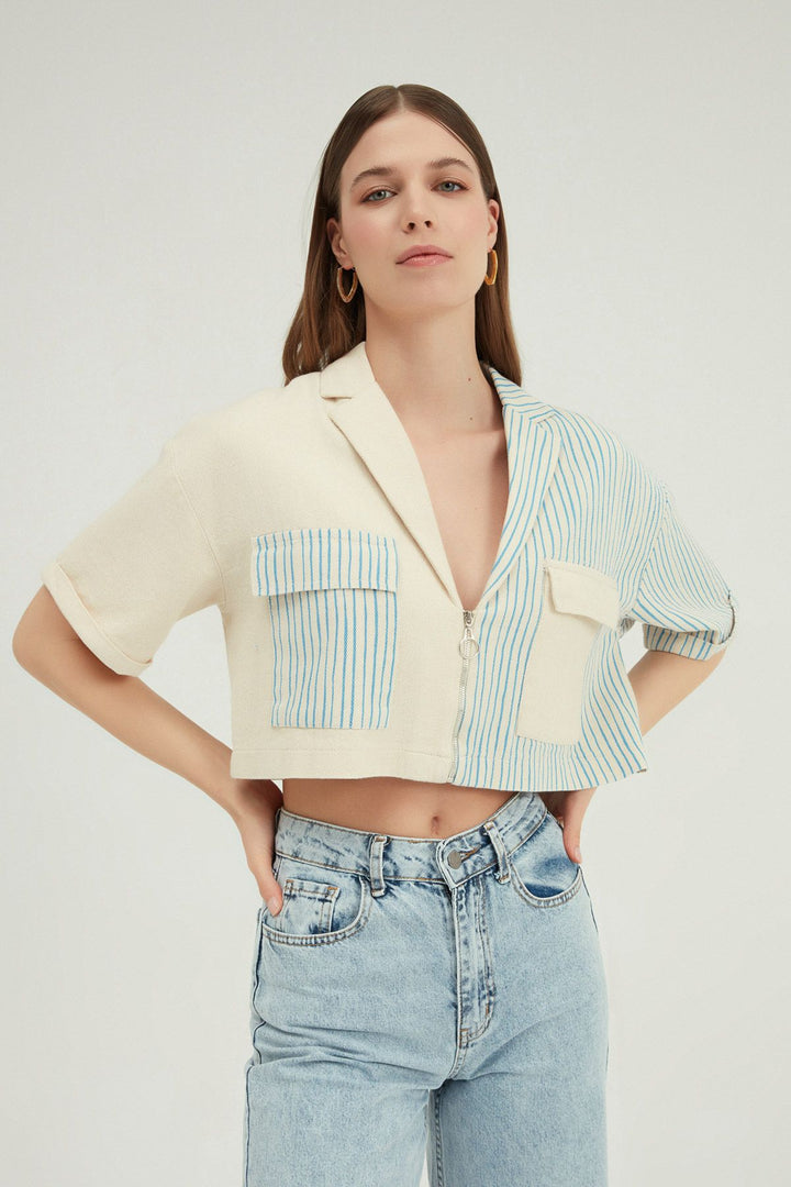 İki Renk Çizgili Kısa Ceket Bebe Mavi