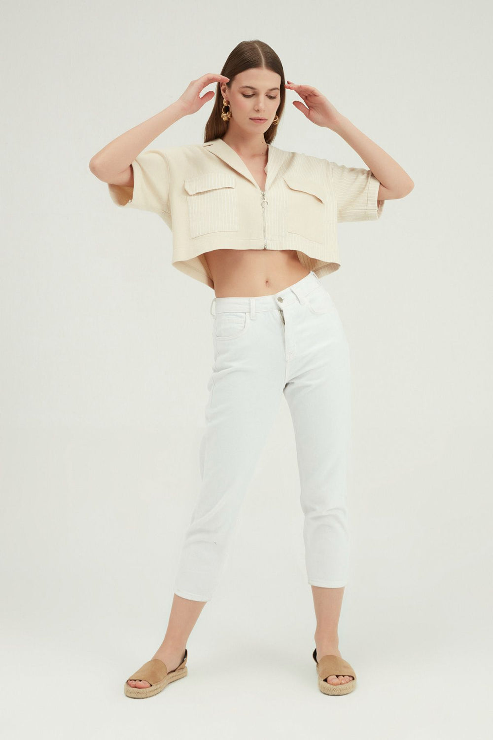 İki Renk Çizgili Kısa Ceket Beyaz