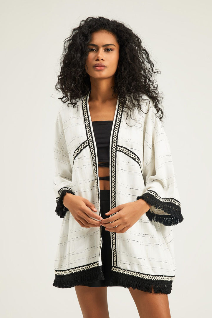 Stripe Stitched Linen Kimono Jacket Natural