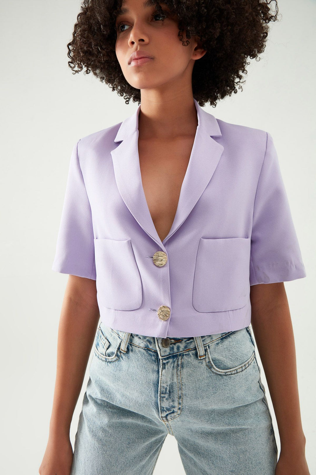 Pocket Detailed Crop Blazer Jacket Lilac