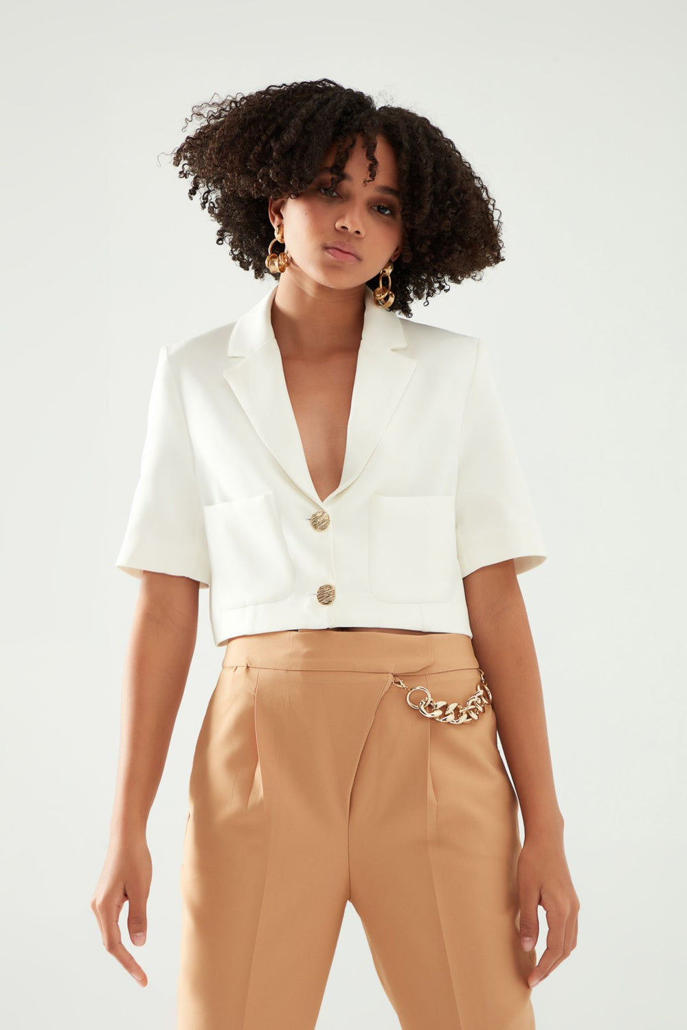Pocket Detailed Crop Blazer Jacket White