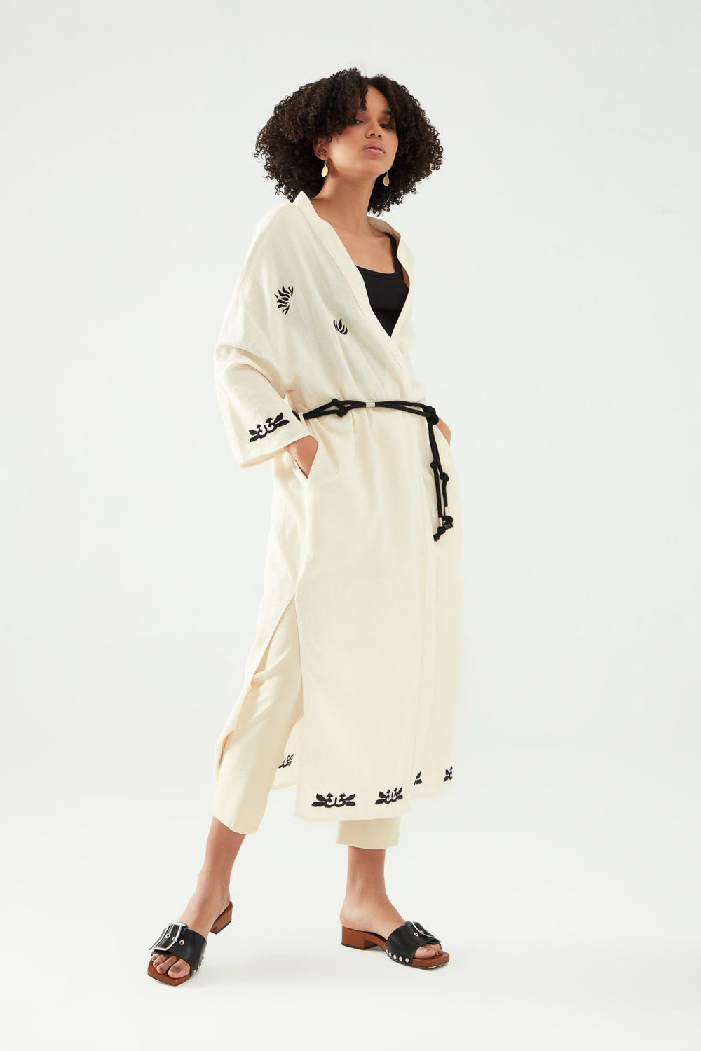 Embroidered Belted Linen Kimono Beige