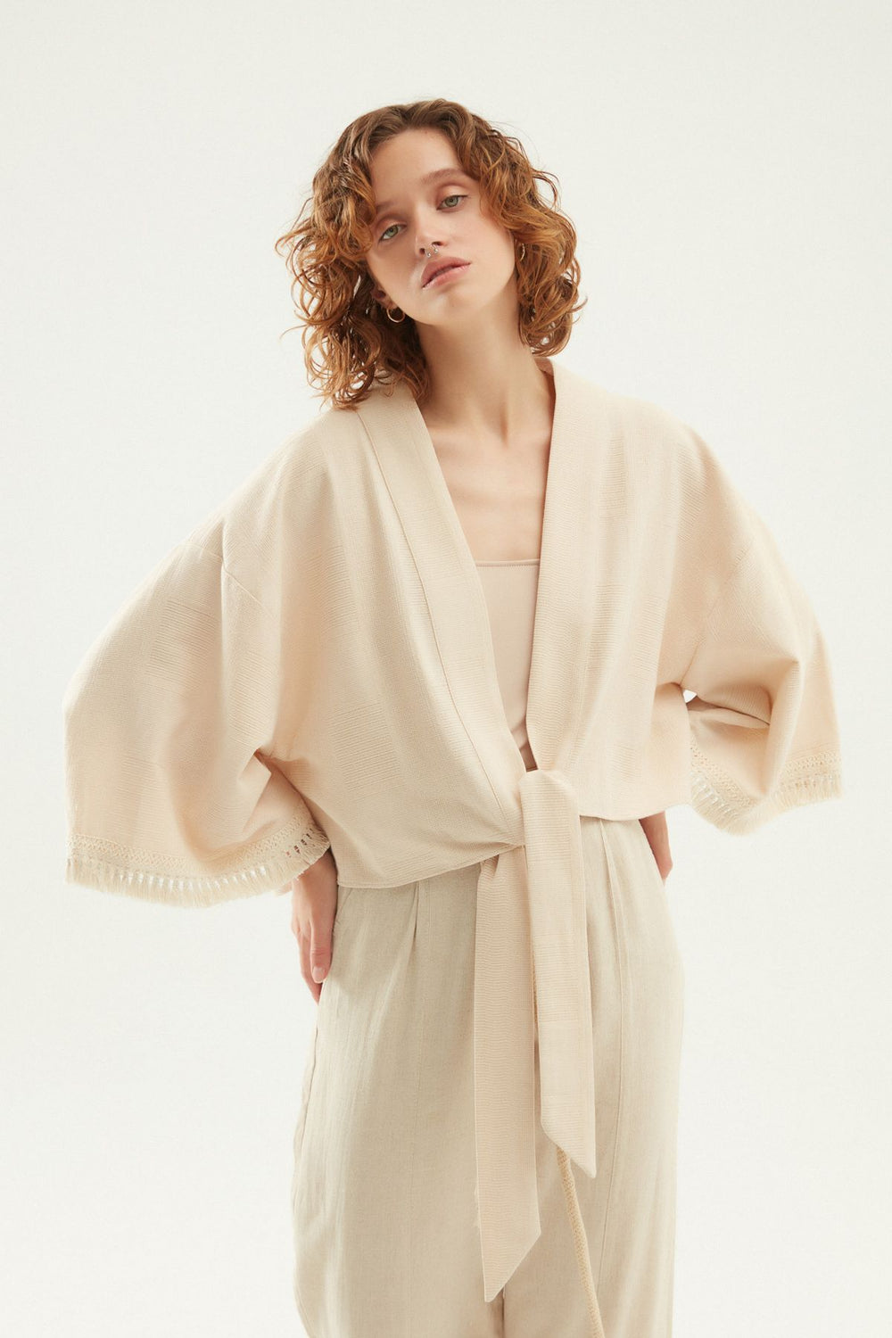 Embroidered Back Tasseled Kimono Beige