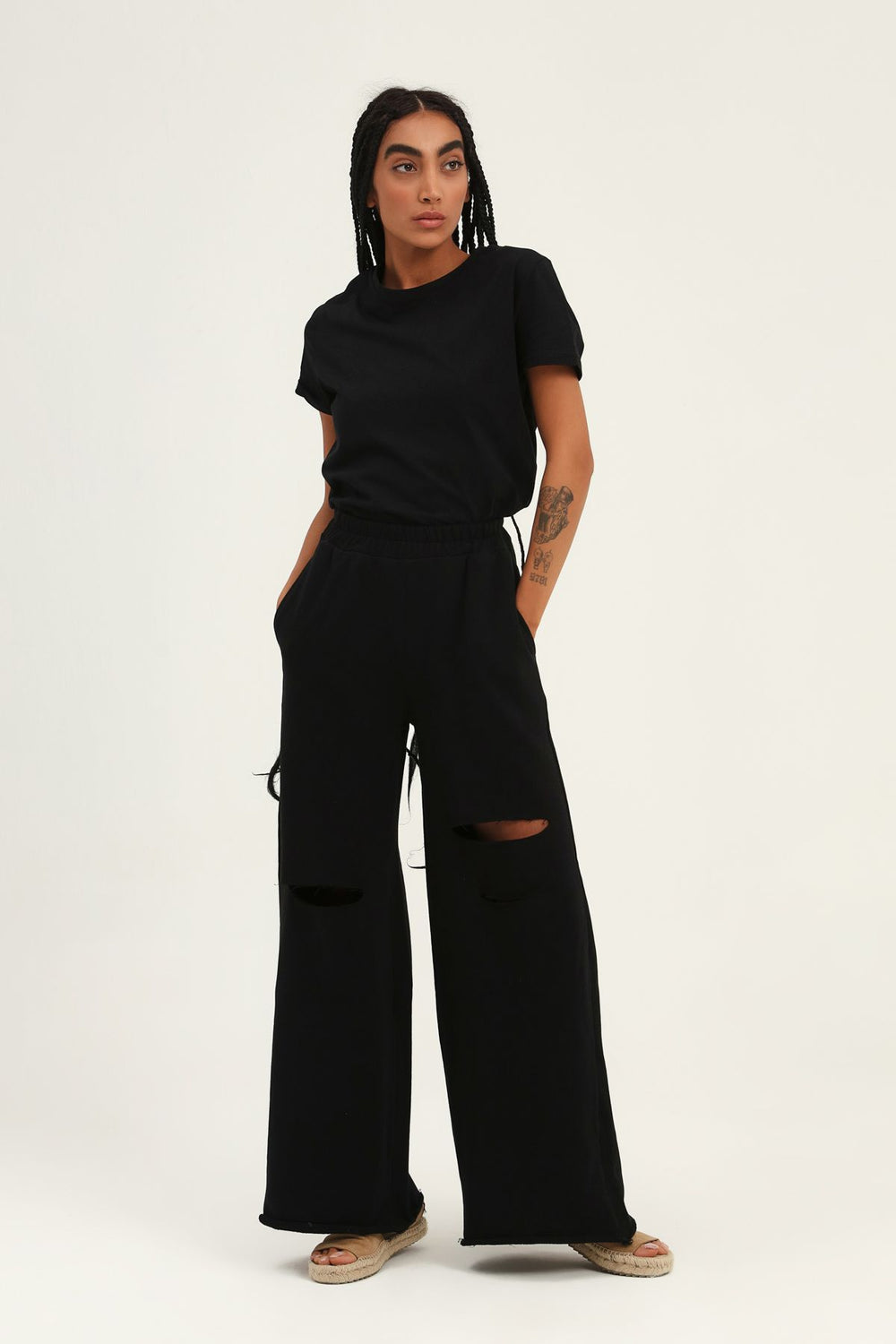 Ripped Detailed Tracksuit Black with Elastic Waist