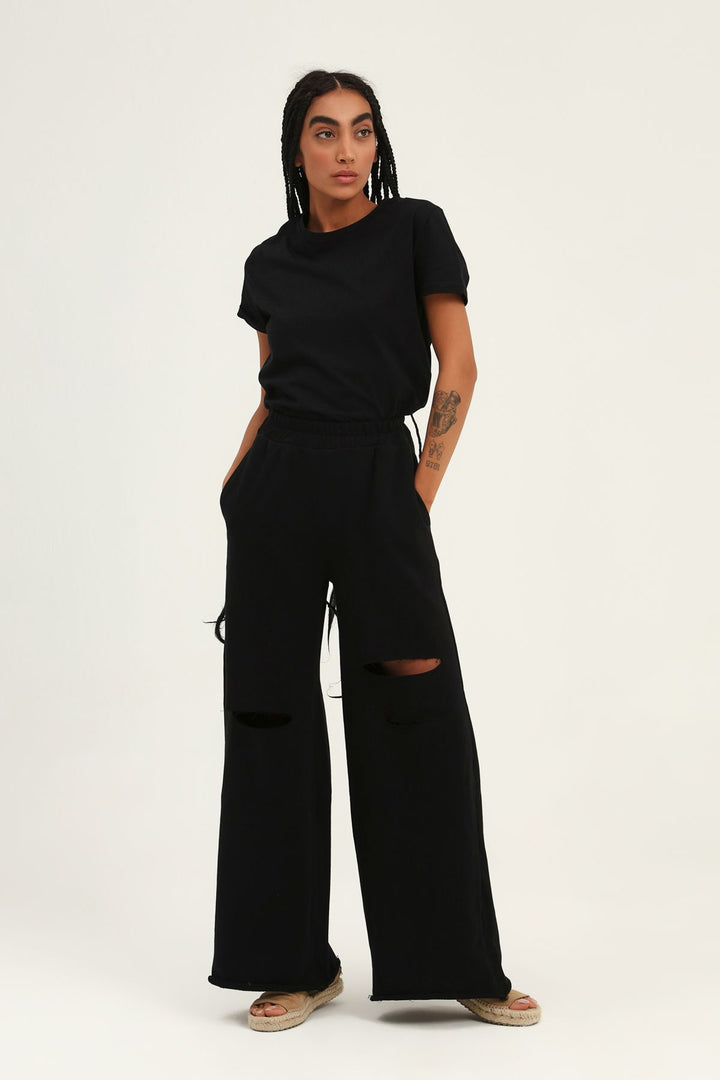 Ripped Detailed Tracksuit Black with Elastic Waist