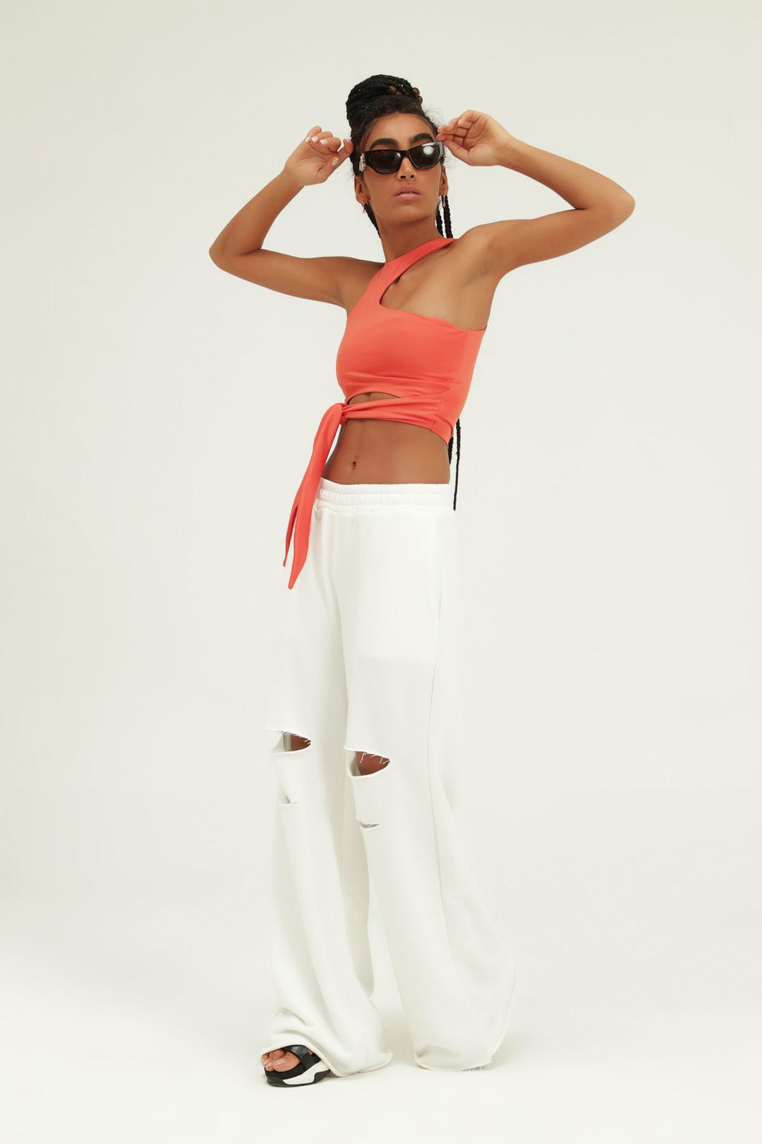 Ripped Detailed Tracksuit With Elastic Waist White