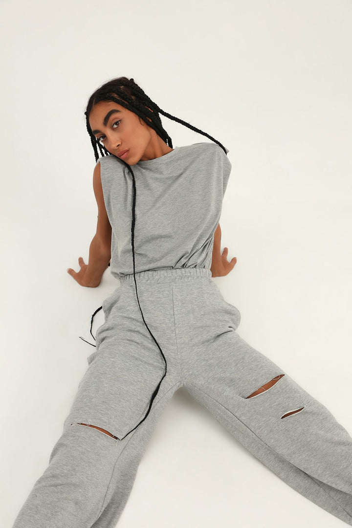Ripped Detailed Tracksuit with Elastic Waist Graymelange