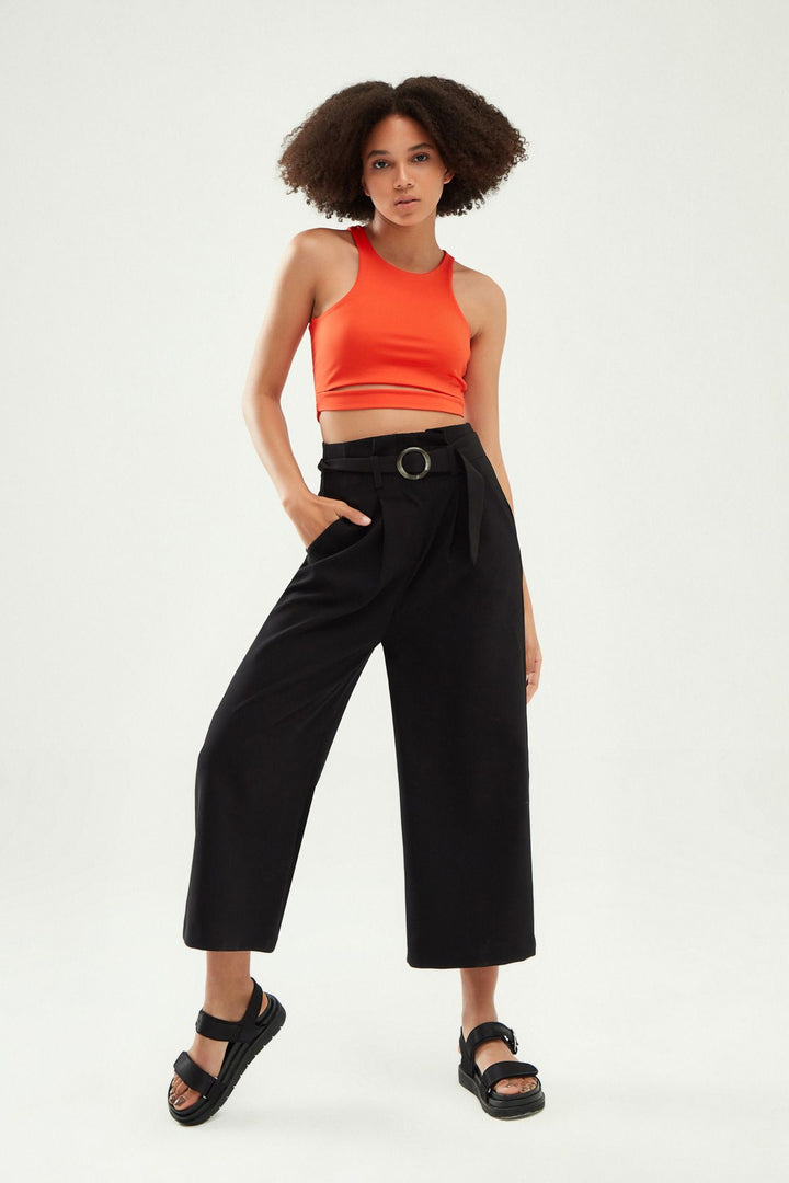 Kemerli Bol Paça Pantolon Siyah