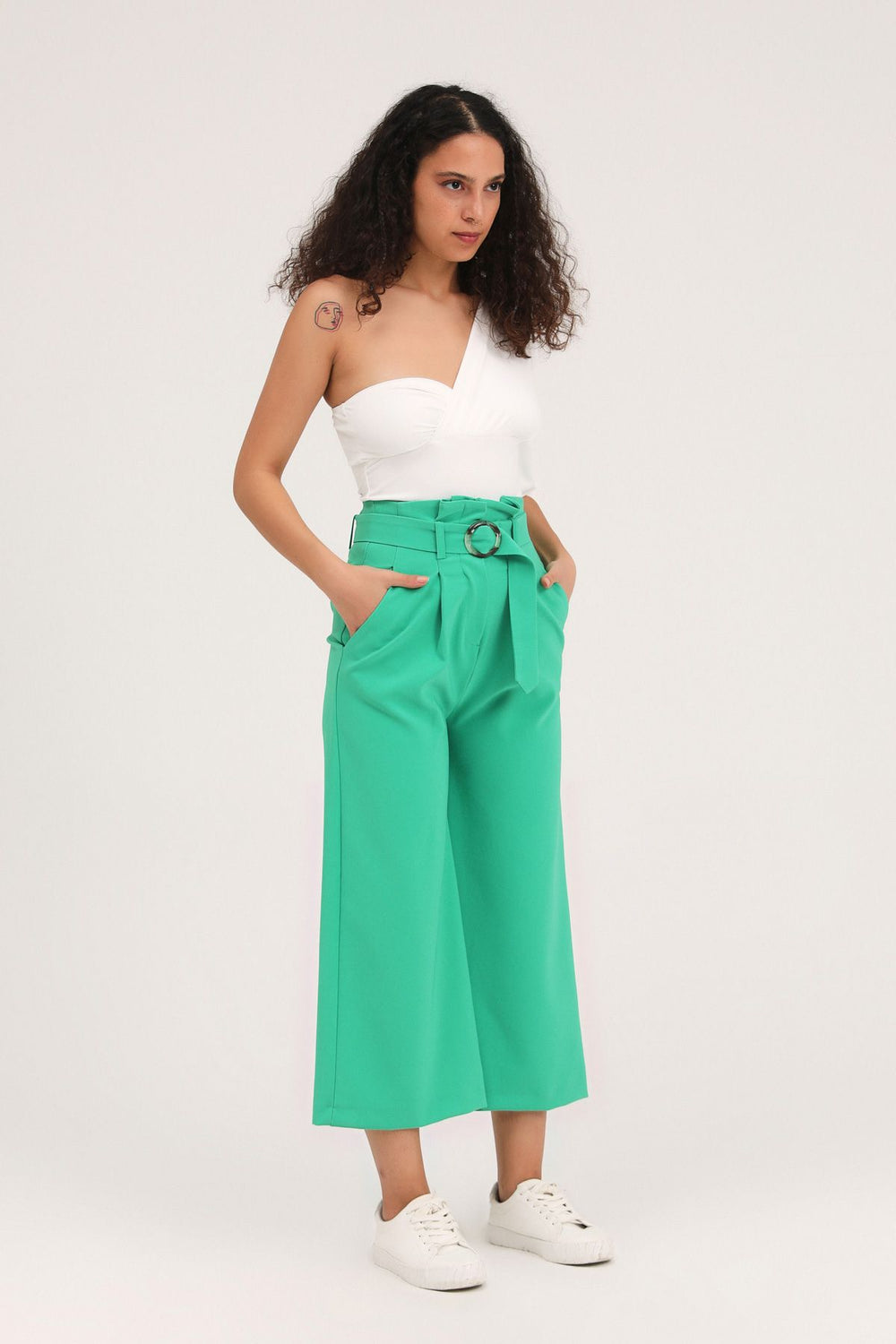 Kemerli Bol Paça Pantolon Yeşil