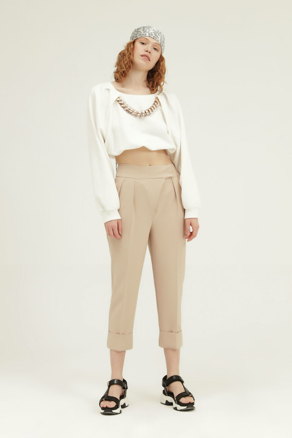 Duble Paça Yüksel Bel Pantolon Bej