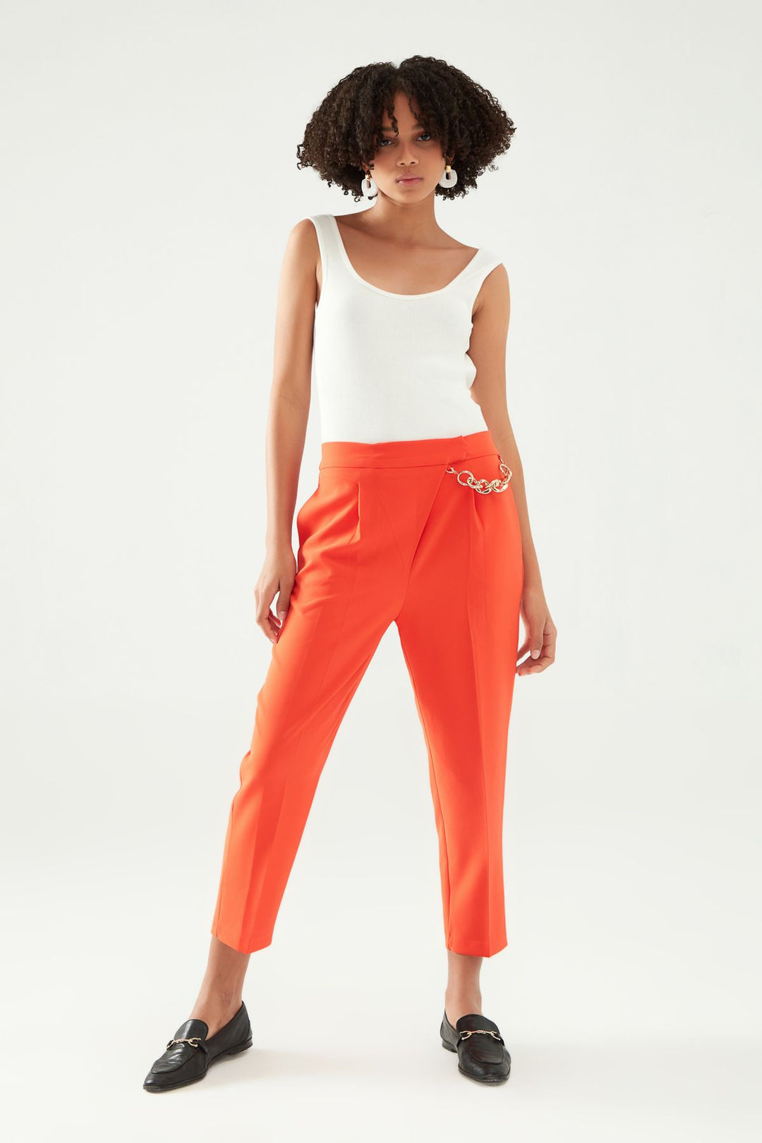 Zincir Aksesuarlı Yüksel Bel Pantolon Turuncu