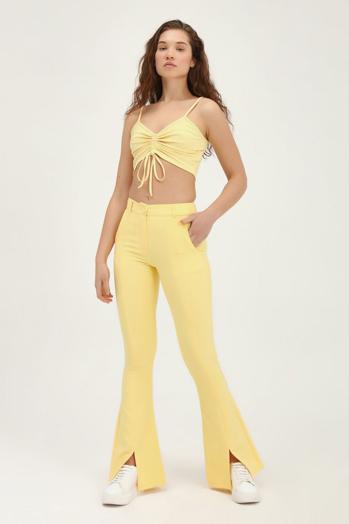İspanyol Paça Yüksek Bel Pantolon Sarı