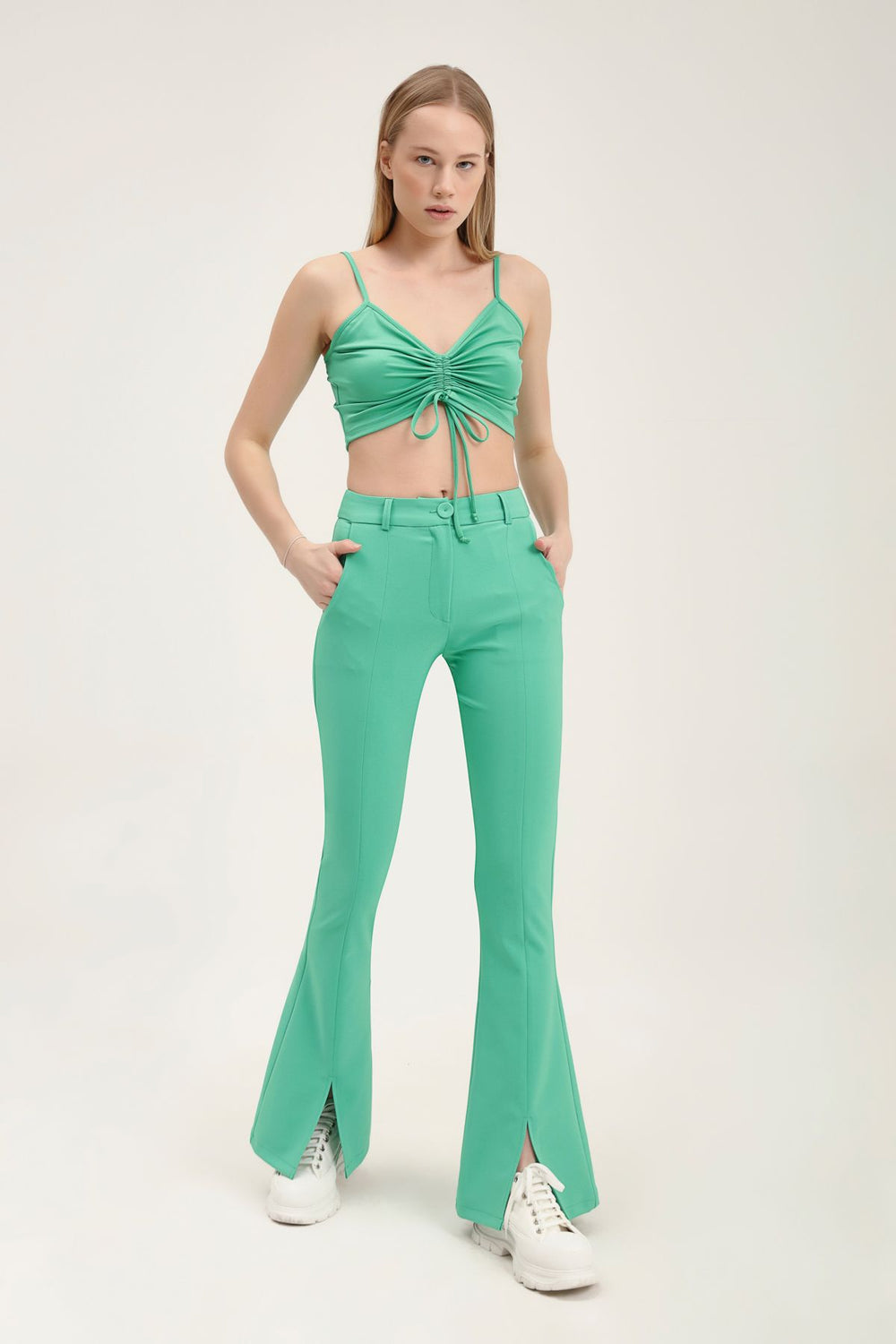 İspanyol Paça Yüksek Bel Pantolon Yeşil