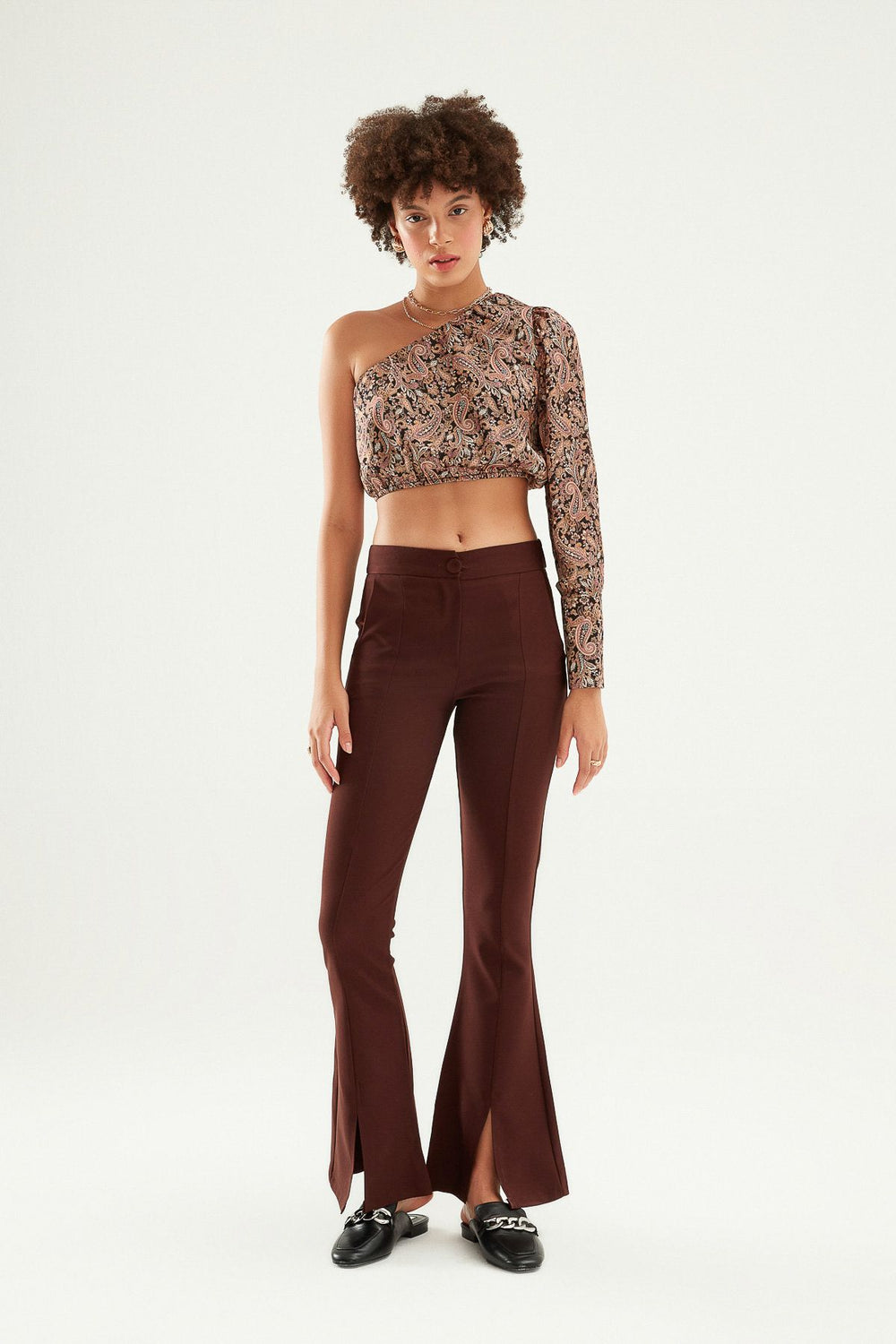 İspanyol Paça Yüksek Bel Pantolon Koyu Kahve