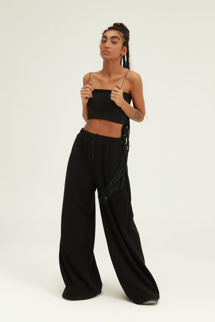 Elastic Waist Wide Leg Tracksuit Black
