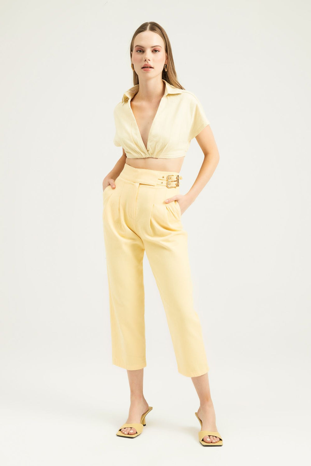 Tokalı Gabardin Yüksek Bel Pantolon Sarı
