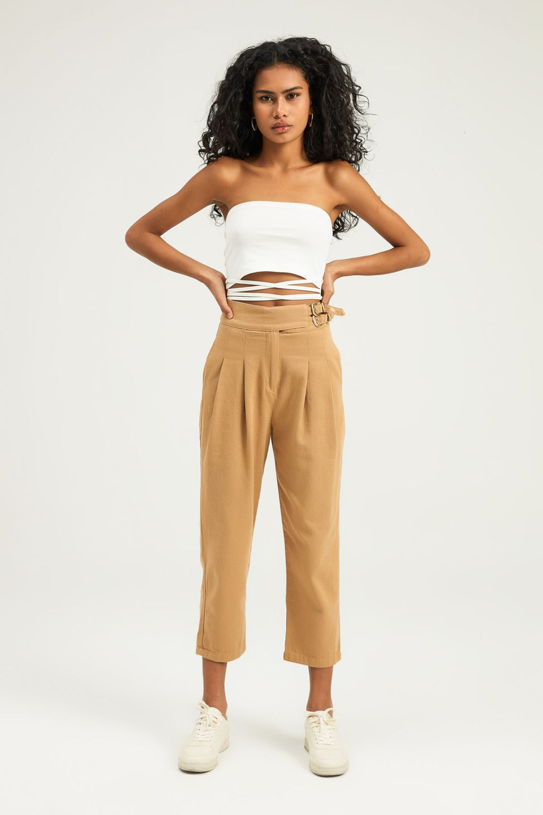 Tokalı Gabardin Yüksek Bel Pantolon Camel