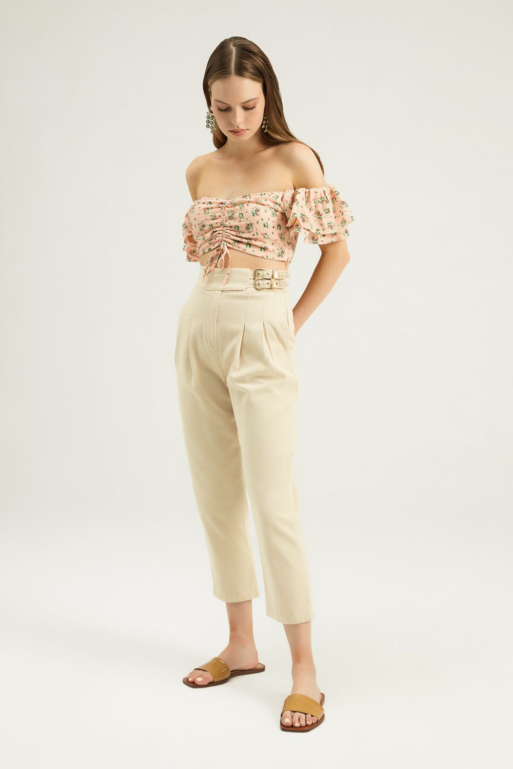 Tokalı Gabardin Yüksek Bel Pantolon Taş