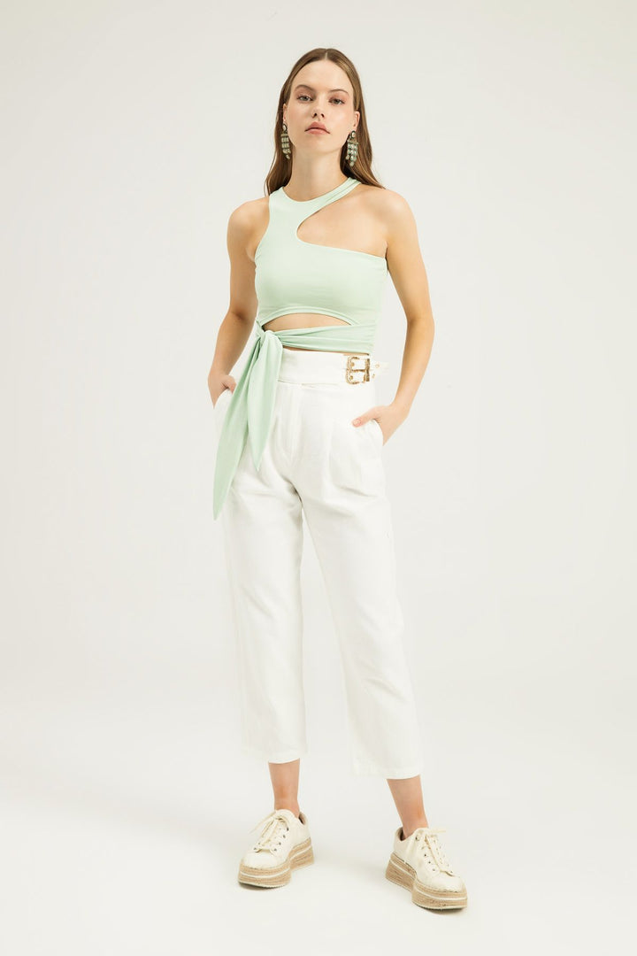 Tokalı Gabardin Yüksek Bel Pantolon Beyaz