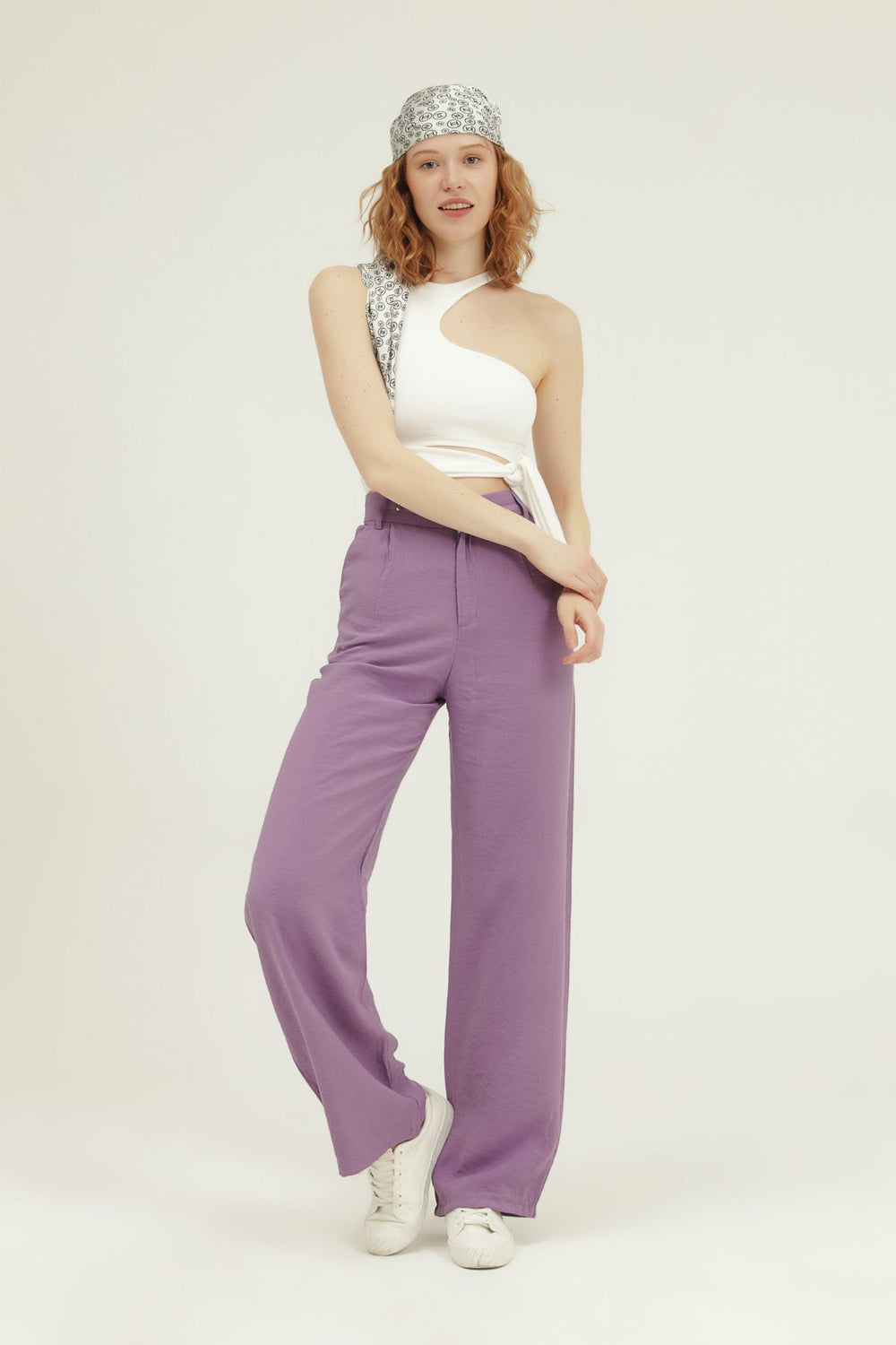 Yüksel Bel Bol Paça Pantolon Lila