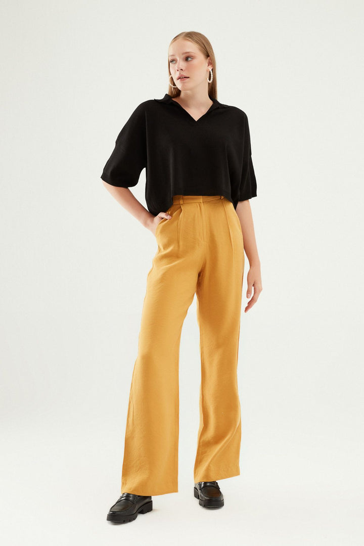 Yüksel Bel Bol Paça Pantolon Hardal