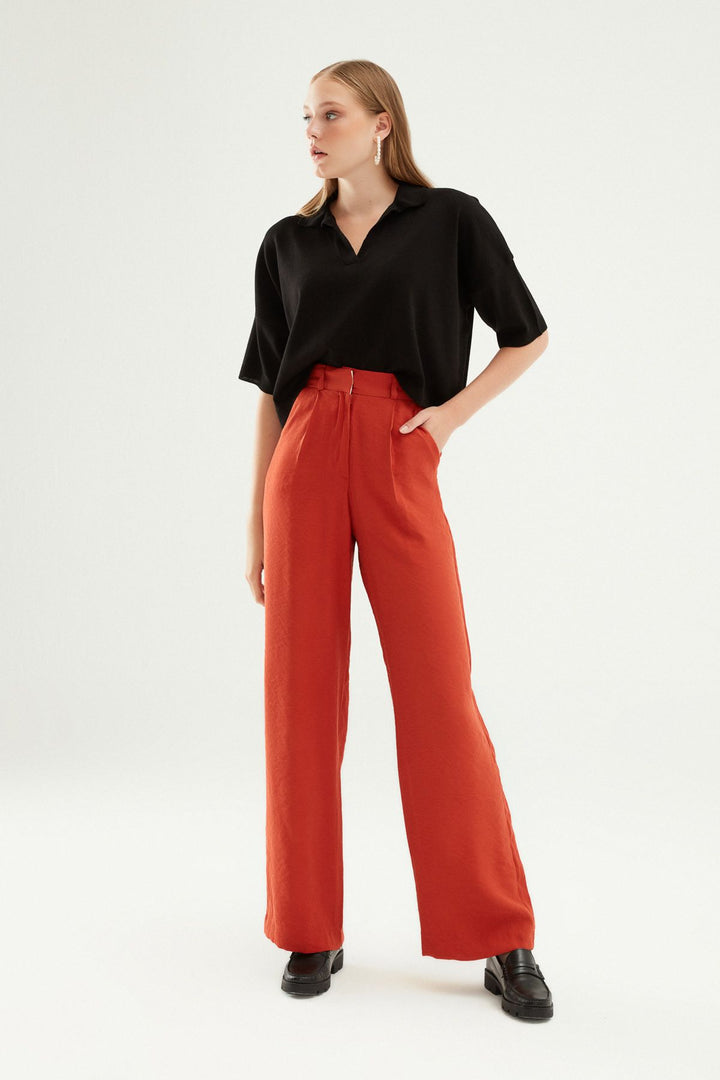 Yüksel Bel Bol Paça Pantolon Kiremit