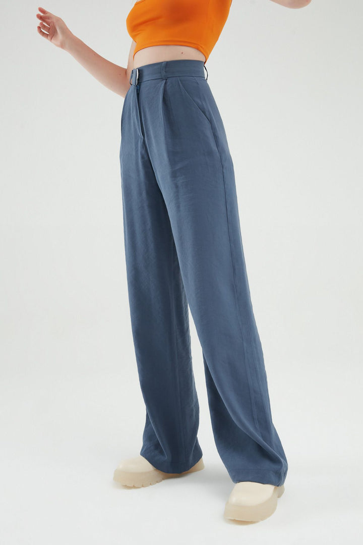 Yüksel Bel Bol Paça Pantolon İndigo