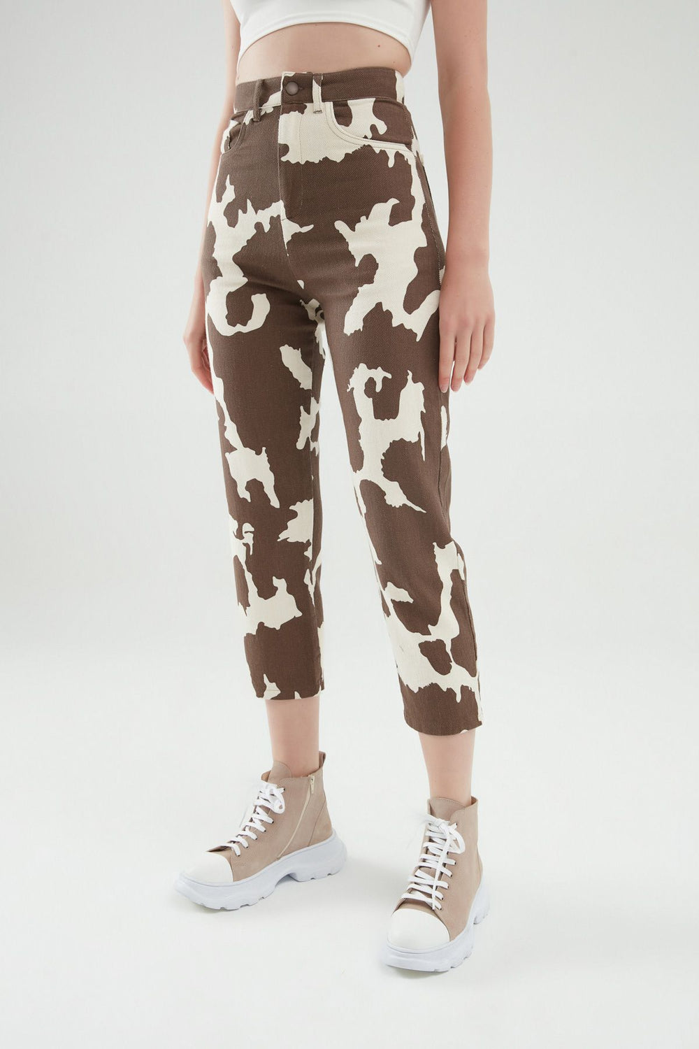 Desenli Gabardin Mom Pantolon Kahverengi