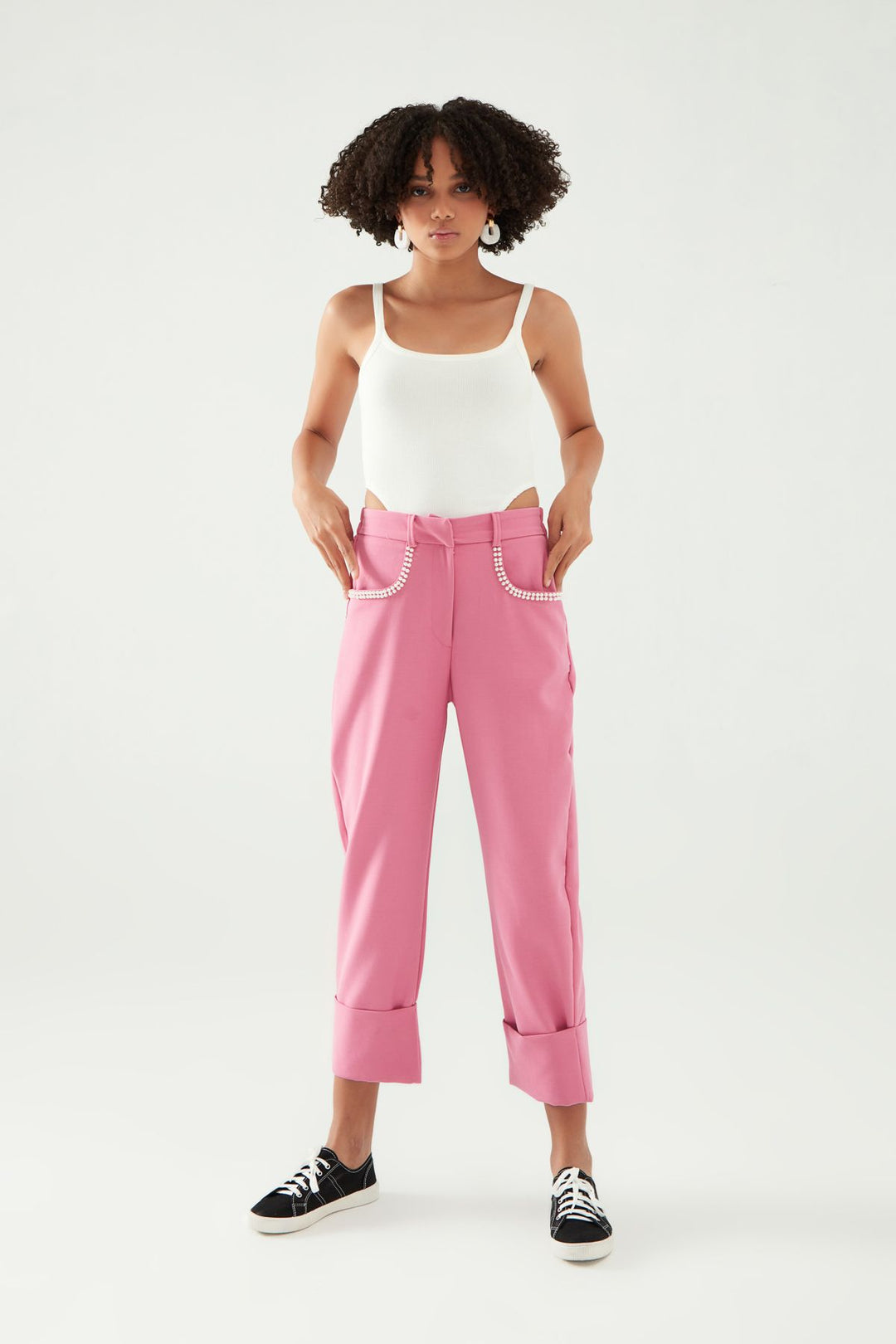 İnci Detaylı Duble Paça Pantolon Fuşya