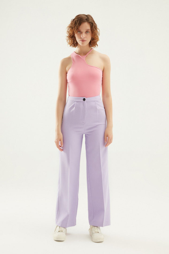 Pile Detaylı Palazzo Pantolon Lila
