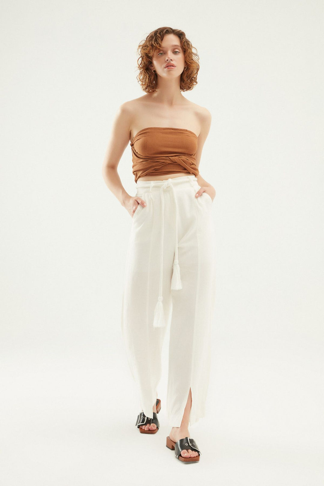 Yırtmaçlı Keten Pantolon Beyaz